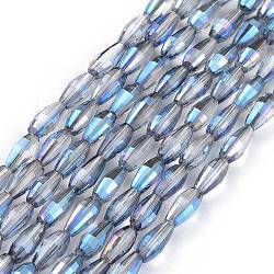 Electroplated Glass Beads Strands, Full Rainbow Plated, Rice Shape, Cornflower Blue, 8.5x4mm, Hole: 1mm, about 72pcs/Strand, 24.57''(62.4cm)(EGLA-H100-FR04)