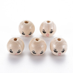 Printed Natural Wood European Beads, Undyed, Large Hole Beads, Round with Expression Pattern, BurlyWood, 17~18x17mm, Hole: 4mm, about 330pcs/500g(WOOD-S055-39B-02)