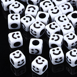 Opaque Acrylic Beads, Cube with Smiling Face, White, 6x6x6mm, Hole: 3mm, about 2995pcs/500g(SACR-S273-43)