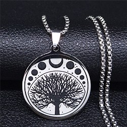 304 Stainless Steel Enamel Necklaces, Tree with Moon Phases Pendant Necklaces, Stainless Steel Color, 19.53 inch(49.6cm)(NJEW-Q338-05P)