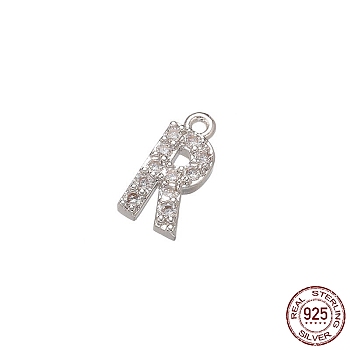 Real Platinum Plated Rhodium Plated 925 Sterling Silver Micro Pave Clear Cubic Zirconia Charms, Initial Letter, Letter R, 9.5x4.5x1.5mm, Hole: 0.9mm