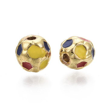Brass Beads, with Enamel, FootBall/Soccer Ball, Nickel Free, Real 18K Gold Plated, 7.5mm, Hole: 1.6mm