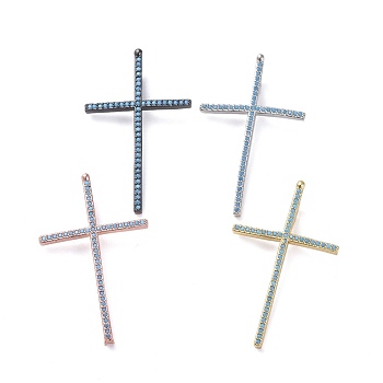 Brass Micro Pave Cubic Zirconia Pendants, Cross, Sky Blue, Mixed Color, 37x22.5x2mm, Hole: 1.5x4mm