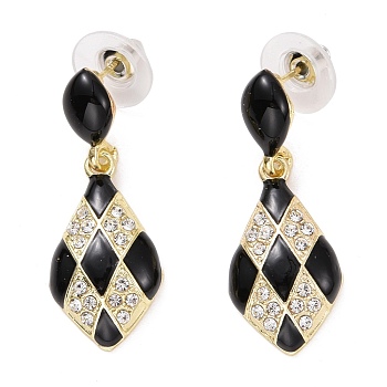 Teardrop with Tartan Pattern Enamel Dangle Stud Earrings, Crystal Rhinestone Drop Earrings for Women, Light Gold, Black, 35x13.5x5mm, Pin: 1mm