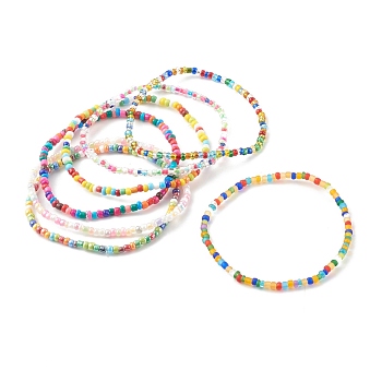 7Pcs 7 Styles Round Glass Seed Beaded Stretch Bracelets Sets, Mixed Color, Inner Diameter: 2-1/4 inch(5.8cm), 1pc/style