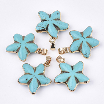Electroplate Synthetic Turquoise Pendants, with Iron Findings, Dyed, Flower, Golden, 27~30x26~29x9~10mm, Hole: 4.5x6mm