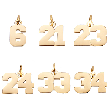 6Pcs 6 Style 316 Surgical Stainless Steel Charms, with Jump Rings, Nember, Golden, 12~14x8~17x2mm, Hole: 4mm, 1pc/style