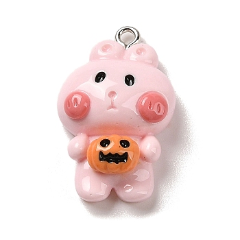 Opaque Resin Pendants, Halloween Charms with Platinum Tone Alloy Loops, Pink, Rabbit with Pumpkin, 29x18x8mm, Hole: 1.5mm