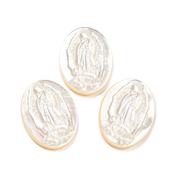 Religion Natural Sea Shell Cabochons, Oval with Engrave Virgin Mary, White, 19x14.5x2.8~3mm