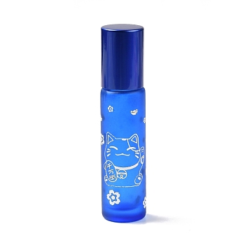 Glass Essential Oil Roller Bottles, with Lid and Stainless Steel Roller Balls, Refillable Bottles, Column with Fortune Cat Pattern & Chinese Character, Royal Blue, 2x8.6cm, Hole: 9.5mm, Capacity: 10ml(0.34fl. oz)