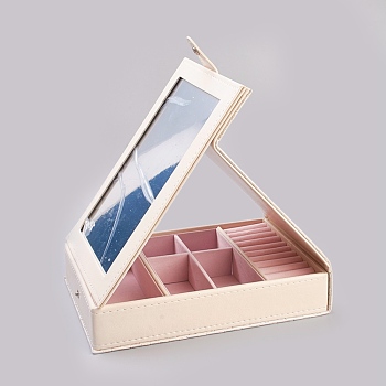Wood Jewelry Boxes, Covered with Imitation Leather, Velours, Mirror, Rectangle, White, 24.3x18x5.7cm