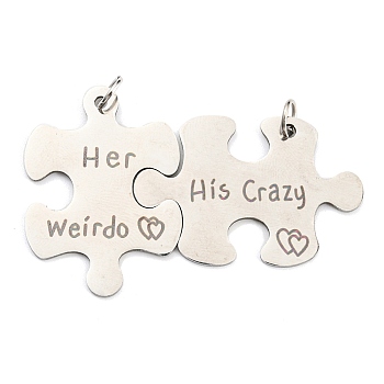 304 Stainless Steel Split Big Pendants, Couples Pendants, Puzzle with Word Her Weirdo & His Crazy Charm, Stainless Steel Color, 33.5x52x1mm, Hole: 4.6mm