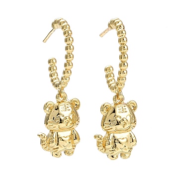C-Shape with Tiger Chinese Zodiac Dangle Stud Earrings, Brass Long Drop Half Hoop Earrings for Women, Lead Free & Cadmium Free, Real 18K Gold Plated, 36x20mm, Pin: 0.7mm