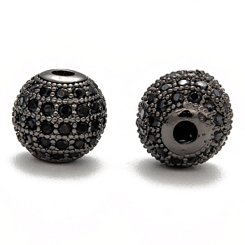 Brass Cubic Zirconia Beads, Round, Gunmetal, 10mm, Hole: 1.5mm