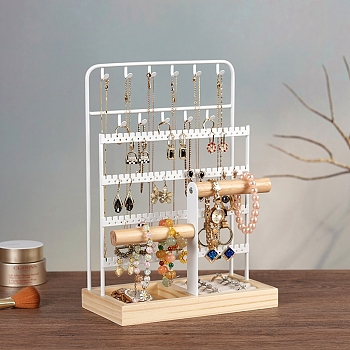 Iron Jewelry Display Rack, Jewelry Stand, For Hanging Necklaces Earrings Bracelets, with Wood Base, White, 12x22.5x32cm