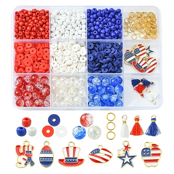 DIY Independence Day Jewelry Making Finding Kit, Including Glass Seed & Polymer Clay Disc & Acrylic Round Beads, Star & Hat & Word USA Alloy Enamel & Tassel Pendants, Mixed Color