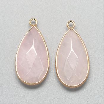 Natural Rose Quartz Pendants, with Golden Tone Brass Findings, Faceted, teardrop, Pink, 32.5~33x16x6mm, Hole: 2.5mm