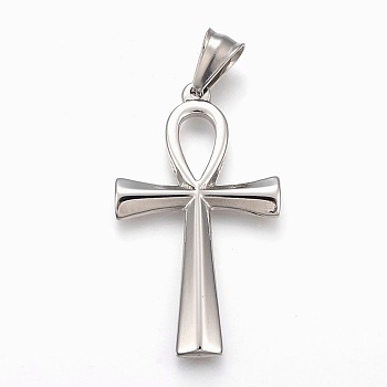 304 Stainless Steel Pendants, Ankh Cross, Stainless Steel Color, 44.5x25x3mm, Hole: 4x9mm