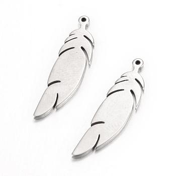 304 Stainless Steel Pendants, Feather, Stainless Steel Color, 24x6x1mm, Hole: 1.5mm