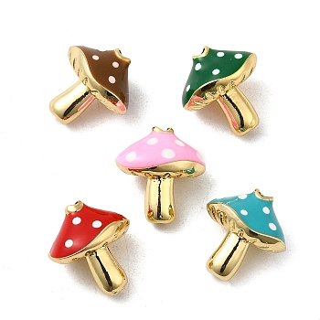 Rack Plating Brass Enamel Beads, Cadmium Free & Lead Free, Real 18K Gold Plated, Mushroom, Mixed Color, 12.5x12x9mm, Hole: 1.6mm