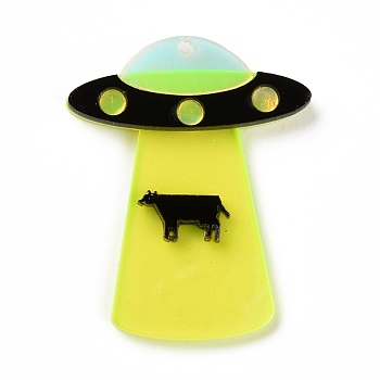 Transparent Acrylic Pendants, UFO with Cattle, Yellow Green, 43x34x4.5mm, Hole: 1.5mm