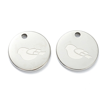 304 Stainless Steel Charms, Flat Round with Bird, Stainless Steel Color, 11.5x1mm, Hole: 1.5mm