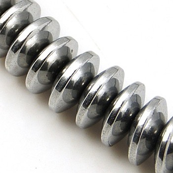 Non-magnetic Synthetic Hematite Beads Strands, Flat Round, Silver Plated, 8x3mm, Hole: 1mm, about 121pcs/strand, 15.5 inch
