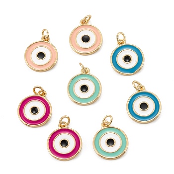 Brass Enamel Pendants, Long-Lasting Plated, Real 18K Gold Plated, Flat Round with Eye, Mixed Color, 14x11.5x1.5mm, Hole: 2.6mm