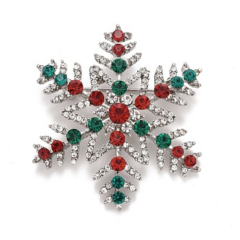 Colorful Rhinestone Snowflake Brooch for Christmas, Alloy Badge for Backpack Clothes, Platinum, 48x44x9.5mm