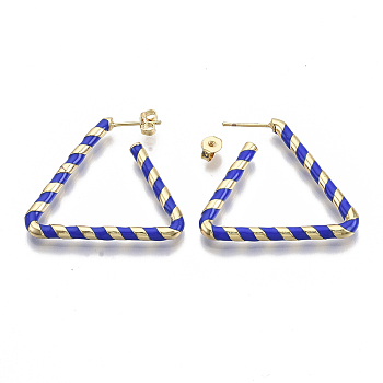 (Jewelry Parties Factory Sale)Brass Stud Earrings, with Enamel and Earring Backs, Triangle, Real 18K Gold Plated, Blue, 35x31x3mm, Pin: 0.7mm