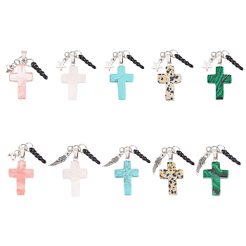 10Pcs Plastic Mobile Dustproof Plugs, with Cross Gemstone and Alloy Charms, Wing/Star/Heart, Antique Silver, 6cm, 10pcs/set