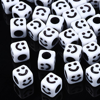 Opaque Acrylic Beads, Cube with Smiling Face, White, 6x6x6mm, Hole: 3mm, about 2995pcs/500g