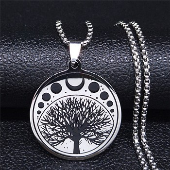 304 Stainless Steel Enamel Necklaces, Tree with Moon Phases Pendant Necklaces, Stainless Steel Color, 19.53 inch(49.6cm)