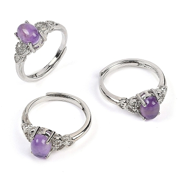 Oval Natural Amethyst Adjustable Rings, Platinum Tone Brass Ring for Women, Long-Lasting Plated, Lead Free & Cadmium Free, Inner Diameter: 17mm