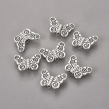 Tibetan Style Alloy Beads, Butterfly, Lead Free & Cadmium Free, Antique Silver, about 11x15x1.5mm, Hole: 1.5mm