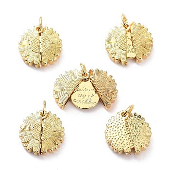 Brass Micro Pave Clear Cubic Zirconia Pendants, Long-Lasting Plated, Flower with Word You're My Ray of Sunshine, Real 18K Gold Plated, 18x18x7mm, Hole: 5mm