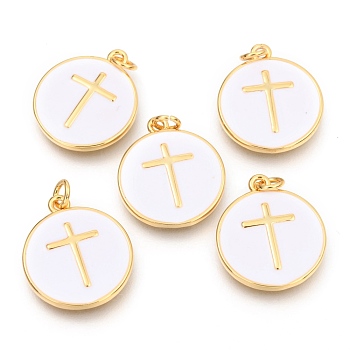 Brass Enamel Pendants, Long-Lasting Plated, Real 18K Gold Plated, with Jump Rings, Flat Round with cross, White, 17.5x15x2mm, Hole: 2.5mm