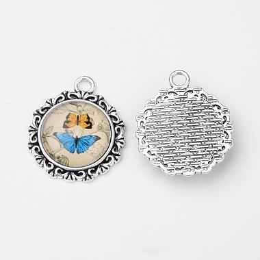 Antique Silver Alloy Pendant Cabochon Bezel Settings and Butterfly Printed Glass Cabochons(TIBEP-X0179-C37)-2