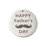 Father's Day Theme 304 Stainless Steel Pendants, Flat Round with Word Happy Father's Day & Beard, Stainless Steel Color, 25x1.5mm, Hole: 1.6mm(STAS-E171-02P)