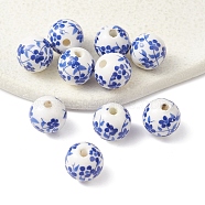 Handmade Porcelain Beads, Blue and White Porcelain, Round with Flower, Blue, 12mm, Hole: 2mm(PORC-YW0001-06D)