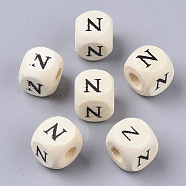 Printed Natural Wood Beads, Horizontal Hole, Cube with Initial Letter, PapayaWhip, Letter.N, 10x10x10mm, Hole: 3.5mm, about 1000pcs/500g(WOOD-T026-001N)
