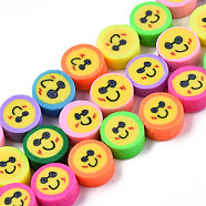 Handmade Polymer Clay Beads Strands, Flat Round with Smiling Face, Mixed Color, 9.5x4.5mm, Hole: 1.6mm, about 39~40pcs/strand, 14.96 inch~15.24 inch(38cm~38.7cm)(CLAY-T020-05)