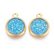 Resin Pendants, with Golden Tone Alloy Findings, Flat Round, Deep Sky Blue, 18x15x3.5~4mm, Hole: 1.8mm(RESI-F015-A07)