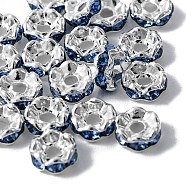 Brass Rhinestone Spacer Beads, Grade A, Wavy Edge, Rondelle, Silver, Sapphire, 6x3mm, Hole: 1mm(RB-YW0001-05B-03S)