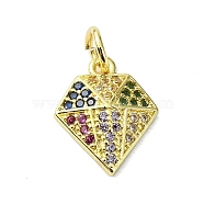 Brass Micro Pave Colorful Cubic Zirconia Pendants, Diamond, Real 18K Gold Plated, 13x10.5x2.5mm, Hole: 3mm(KK-H475-06G)