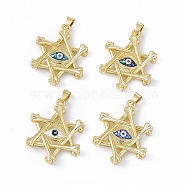 Natural Shell Pendants, Pentagram Charms with Eye, Dyed, with Rack Plating Golden Tone Brass Findings, Long-Lasting Plated, Mixed Color, 35x28x5mm, Hole: 6X4.5mm(KK-M234-03G)