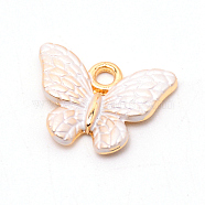 Alloy Enamel Pendant, Butterfly, Cadmium Free & Lead Free, Light Gold, White, 13x17.5x2.5mm, Hole: 2mm(PALLOY-WH0079-88E)