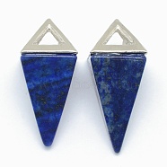 Natural Lapis Lazuli Pendants, with Alloy Findings, Triangle, Dyed, Platinum, 34x14x14.5mm, Hole: 4x6mm(KK-E757-D-14P)