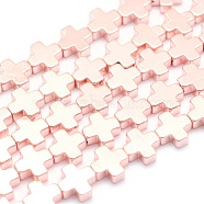 Electroplate Non-magnetic Synthetic Hematite Beads Strands, Grade AA, Long-Lasting Plated, Cross, Rose Gold Plated, 8x8x3mm, Hole: 1mm, about 50pcs/strand, 15.7 inch(40cm)(G-L485-09B-RG)