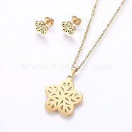 304 Stainless Steel Jewelry Sets, Stud Earrings and Pendant Necklaces, Flower, Golden, Necklace: 17.7 inch(45cm), Stud Earrings: 9x9.5x1.2mm, Pin: 0.8mm(SJEW-O090-04G)